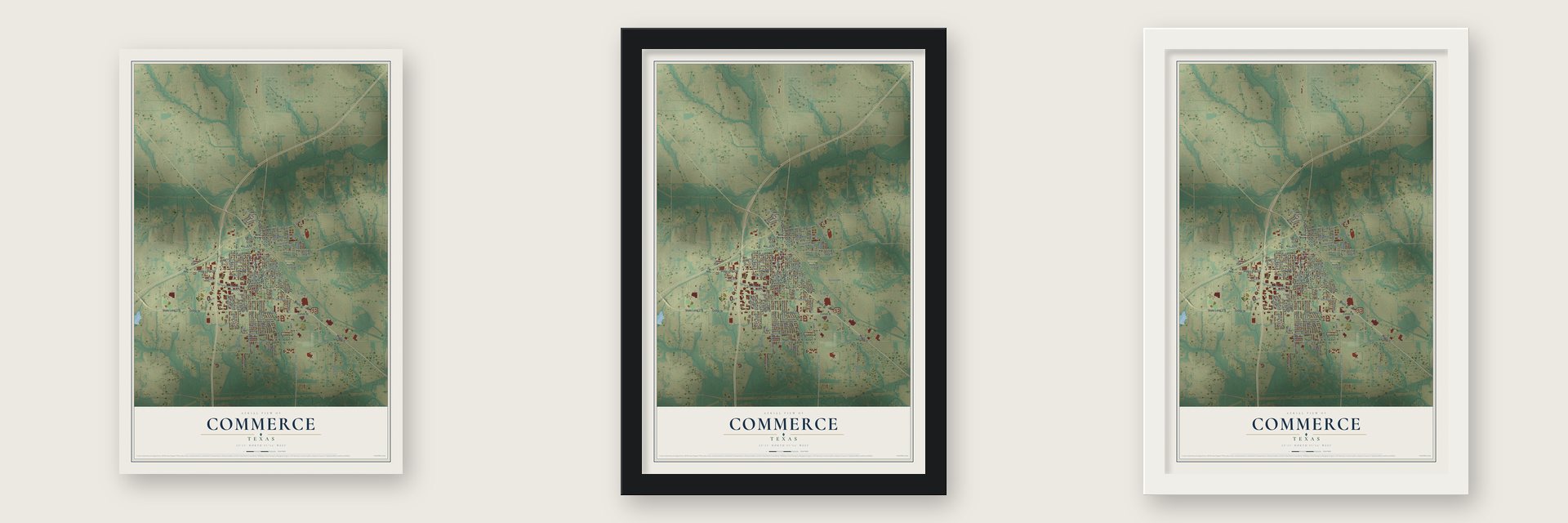 Commerce, Texas map unframed, in a black wood frame and in a white wood frame