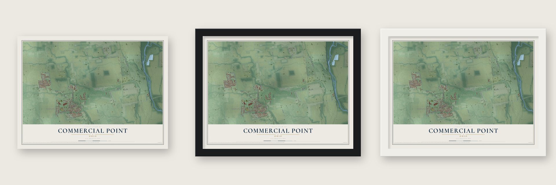 Commercial Point, Ohio map unframed, in a black wood frame and in a white wood frame