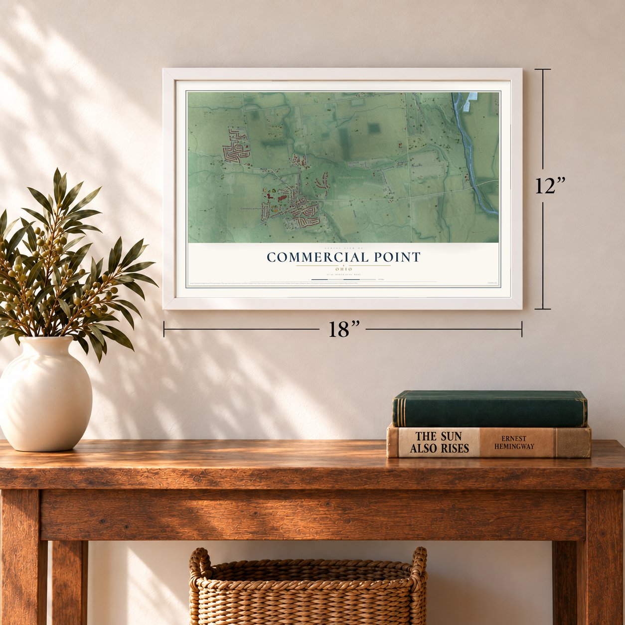 Commercial Point, Ohio map, 12 x 18 inch print in a white frame in an entryway