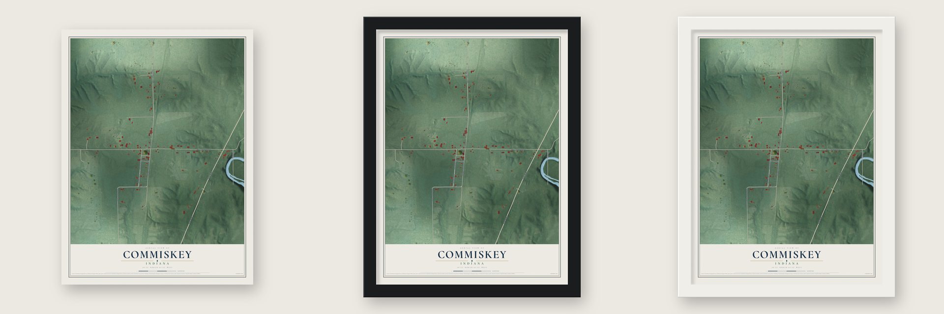 Commiskey, Indiana map unframed, in a black wood frame and in a white wood frame