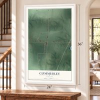 Commiskey, Indiana map, 24 x 36 inch print in a white frame by a staircase