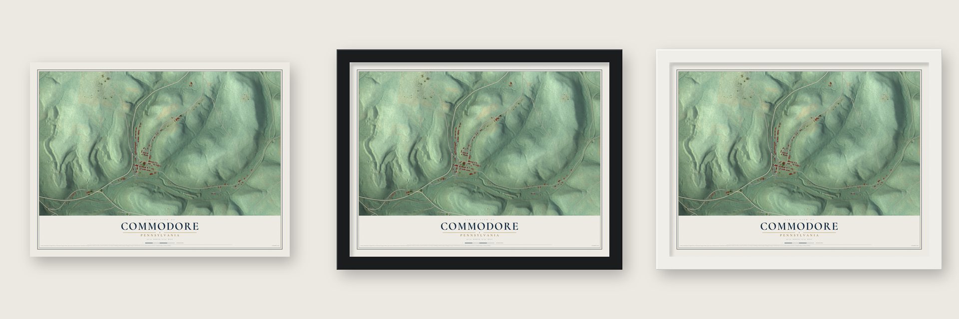Commodore, Pennsylvania map unframed, in a black wood frame and in a white wood frame
