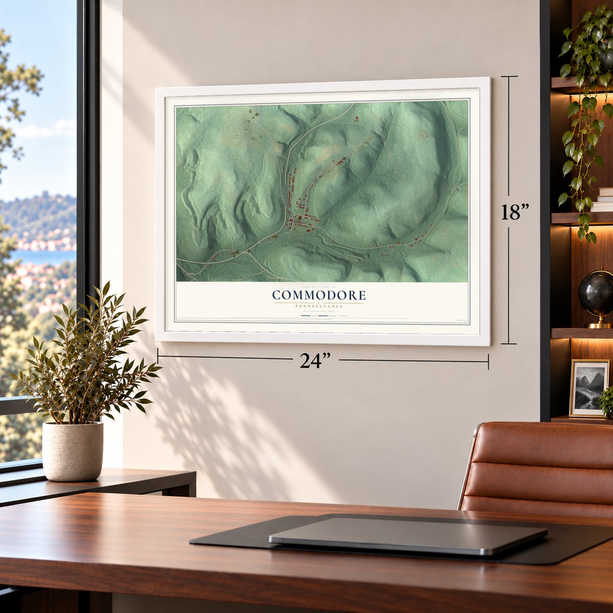 Commodore, Pennsylvania map, 18 x 24 inch print in a white frame in a home office