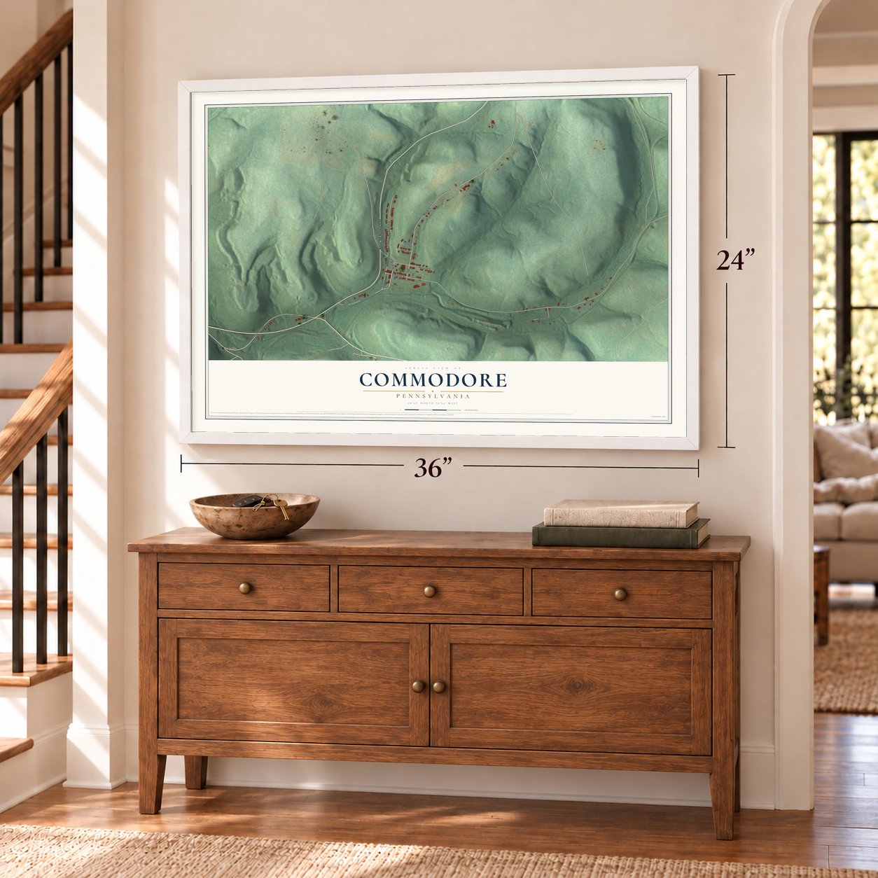 Commodore, Pennsylvania map, 24 x 36 inch print in a white frame above a dresser by a staircase