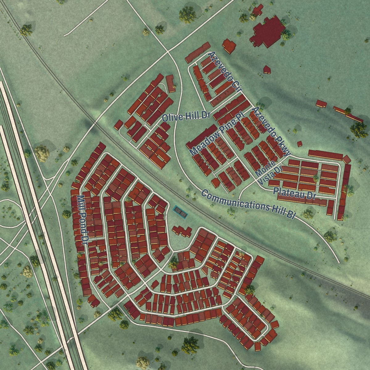 Second close-up of the map of Communications Hill, California print showing more streets and buildings