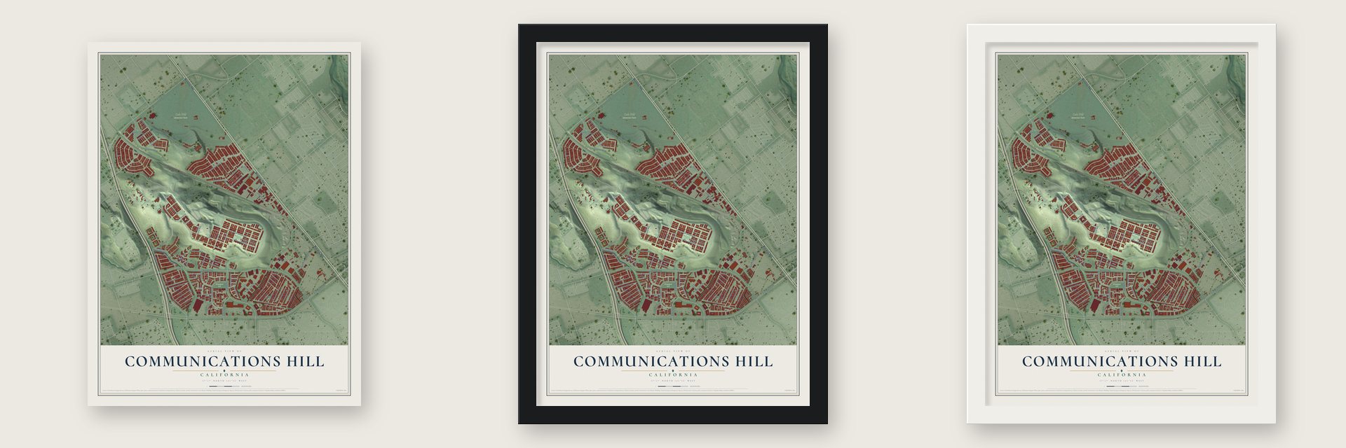 Communications Hill, California map unframed, in a black wood frame and in a white wood frame