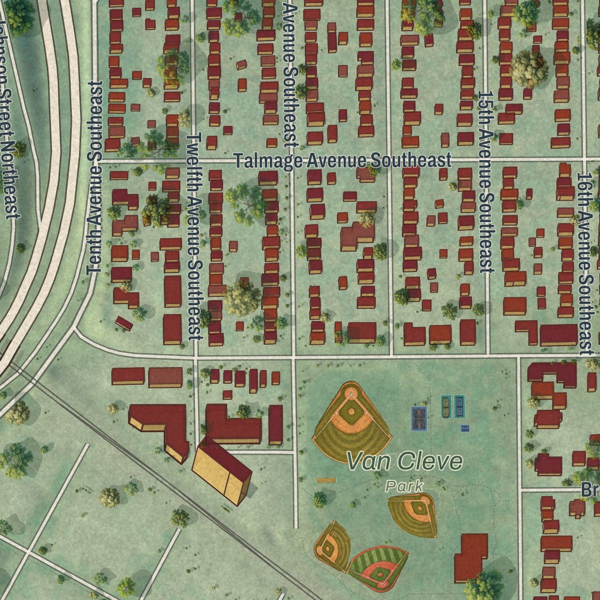 Second close-up of the map of Como, Minnesota print showing more streets and buildings