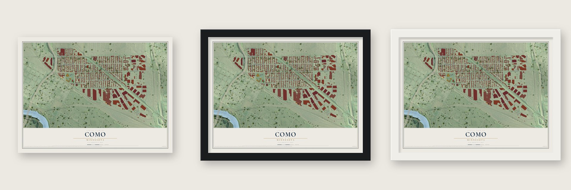 Como, Minnesota map unframed, in a black wood frame and in a white wood frame