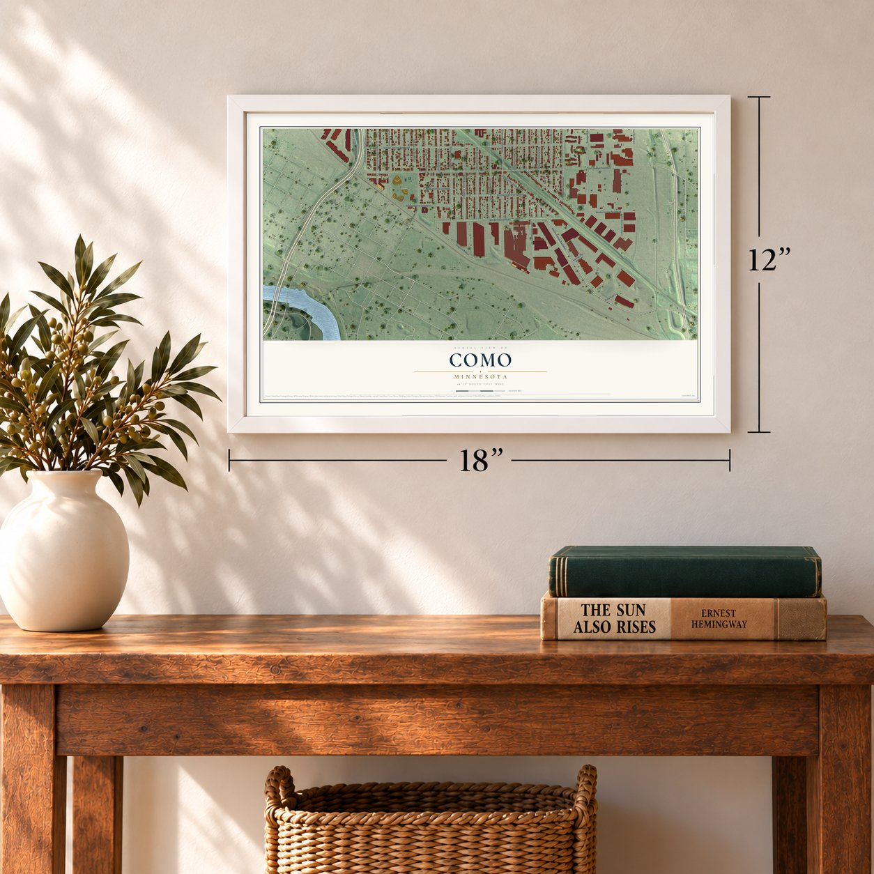 Como, Minnesota map, 12 x 18 inch print in a white frame in an entryway