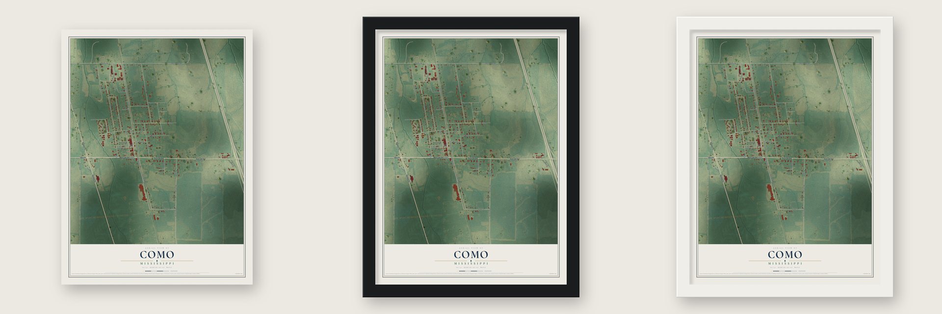 Como, Mississippi map unframed, in a black wood frame and in a white wood frame