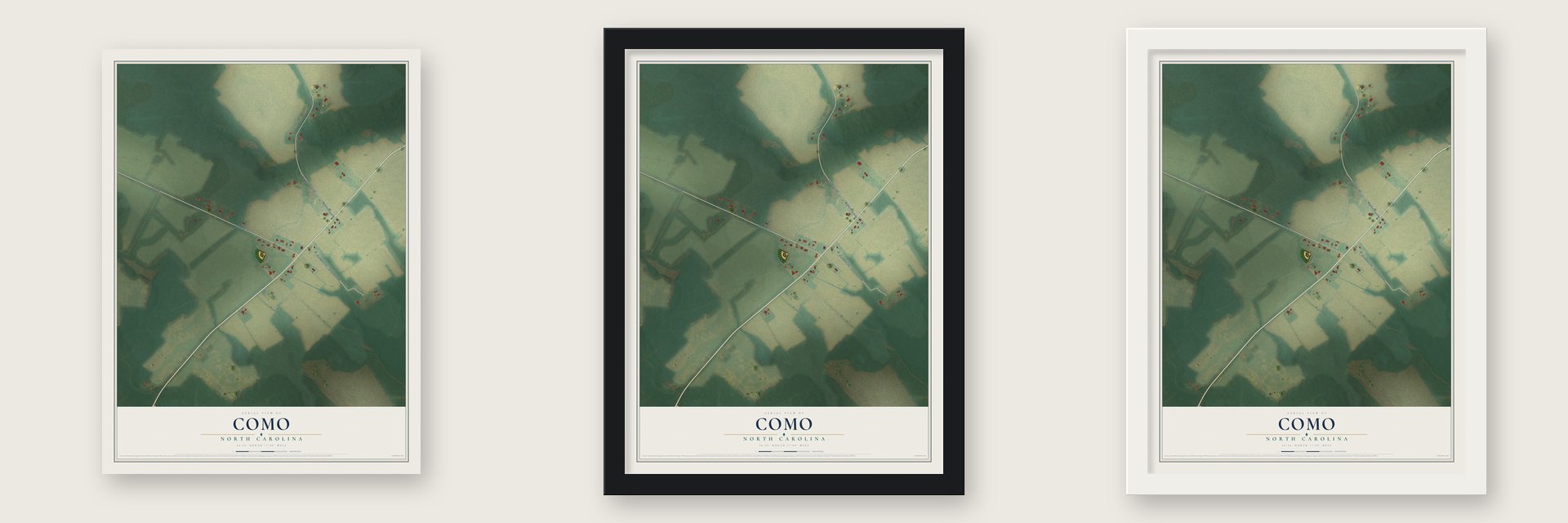 Como, North Carolina map unframed, in a black wood frame and in a white wood frame