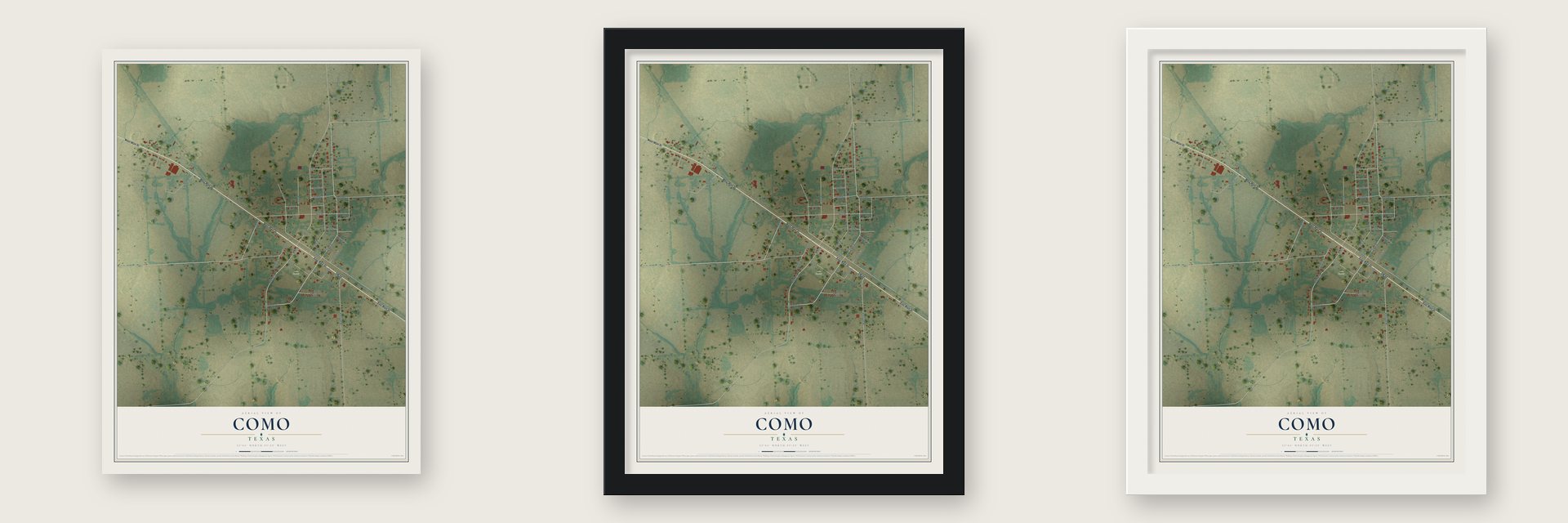 Como, Texas map unframed, in a black wood frame and in a white wood frame