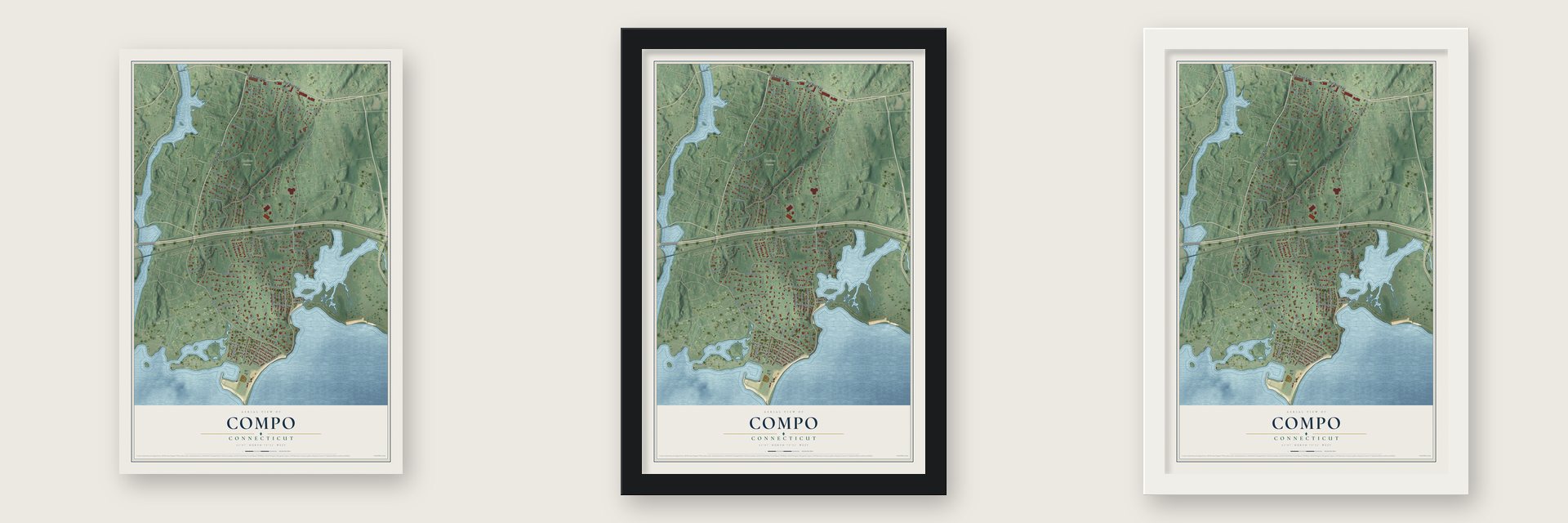 Compo, Connecticut map unframed, in a black wood frame and in a white wood frame