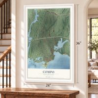 Compo, Connecticut map, 24 x 36 inch print in a white frame by a staircase