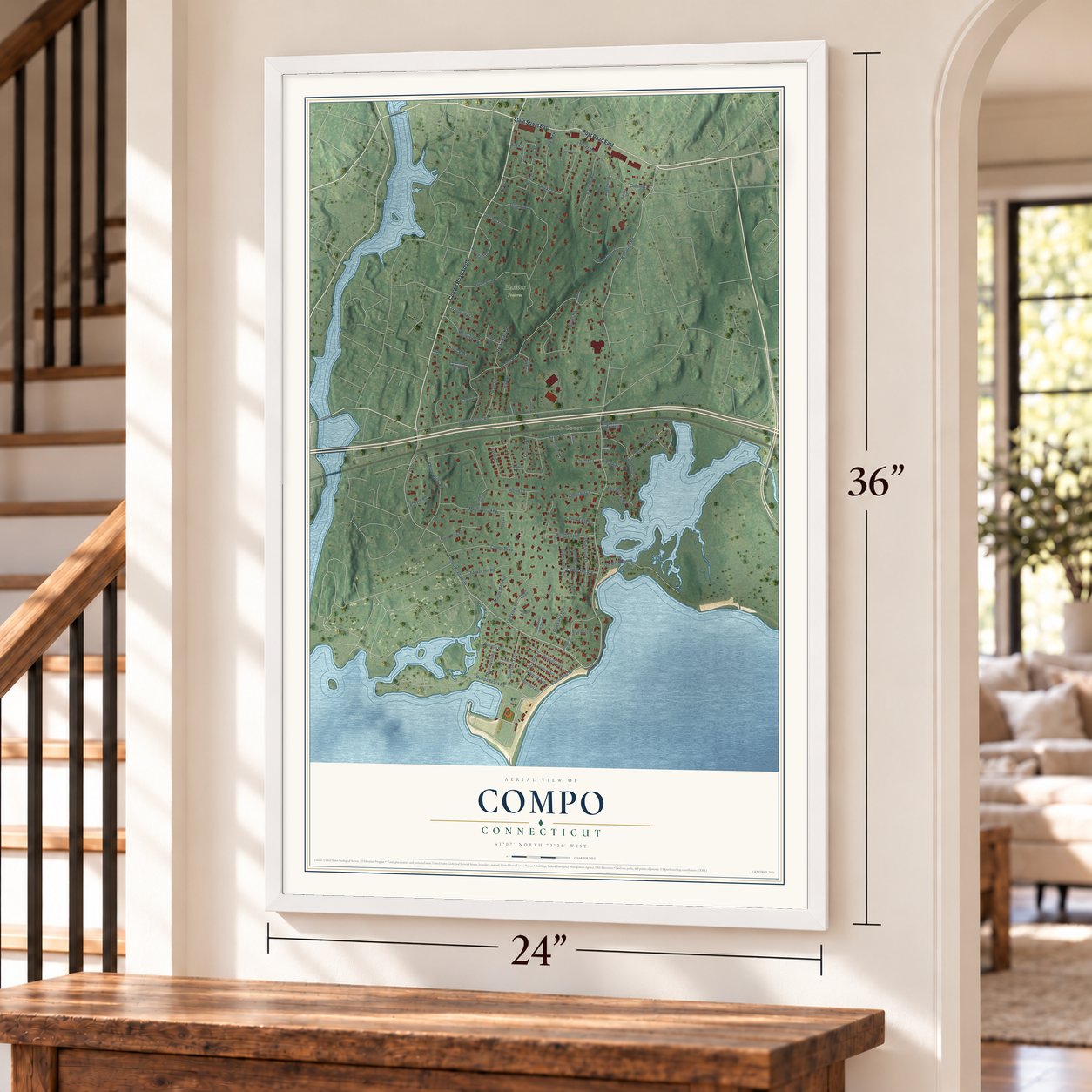 Compo, Connecticut map, 24 x 36 inch print in a white frame by a staircase