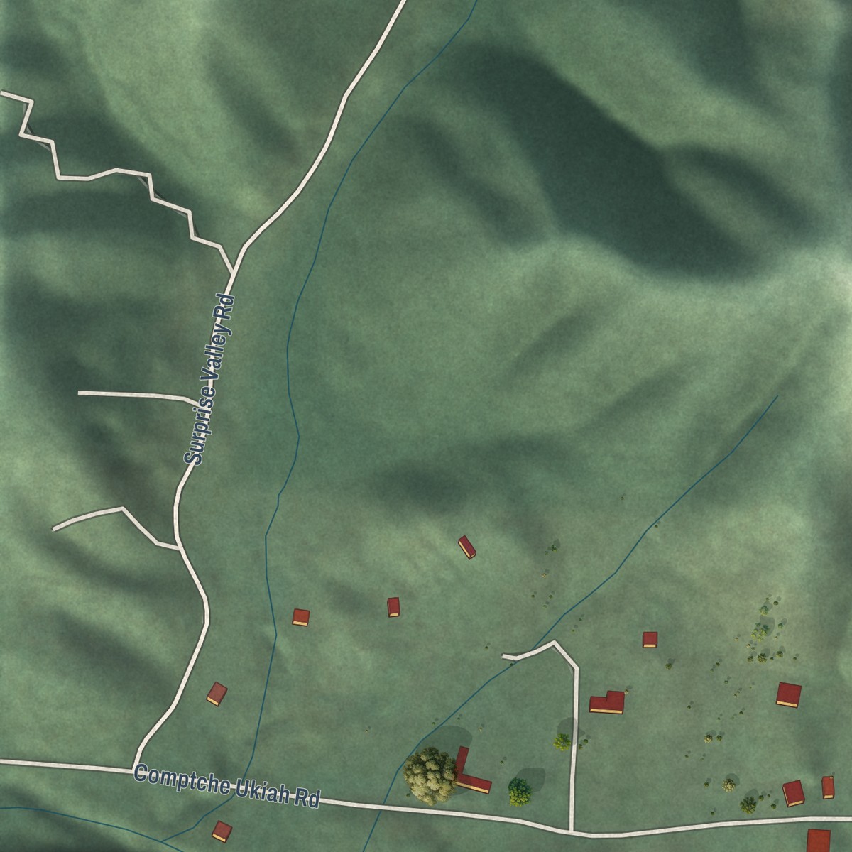 Second close-up of the map of Comptche, California print showing more streets and buildings