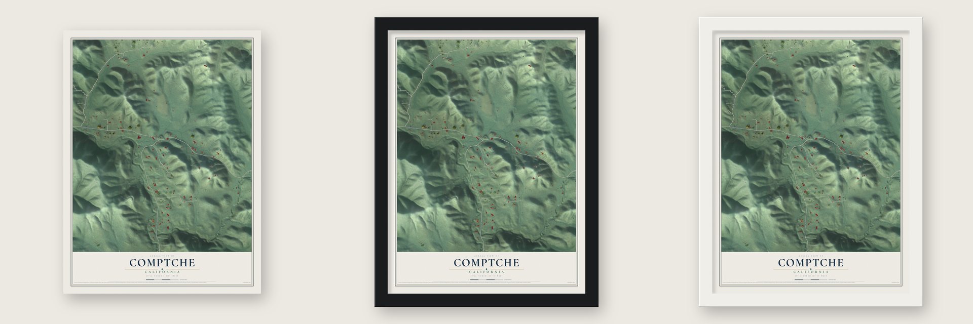 Comptche, California map unframed, in a black wood frame and in a white wood frame