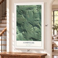 Comptche, California map, 24 x 36 inch print in a white frame by a staircase