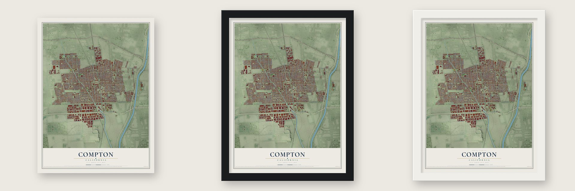 Compton, California map unframed, in a black wood frame and in a white wood frame