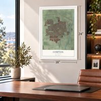 Compton, California map, 18 x 24 inch print in a white frame in a home office