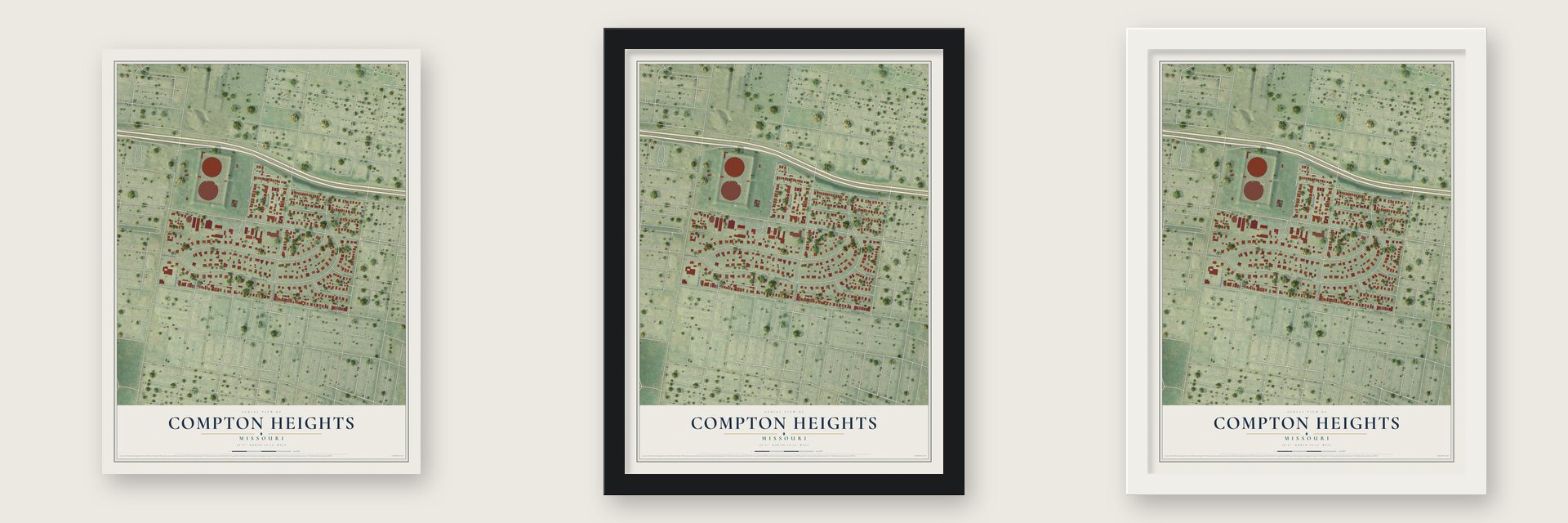 Compton Heights, Missouri map unframed, in a black wood frame and in a white wood frame