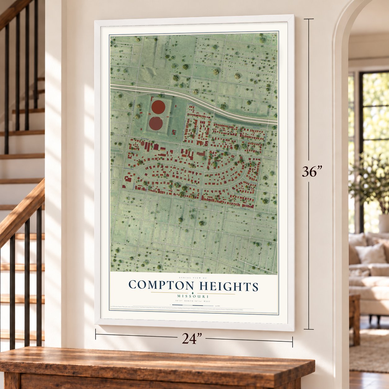 Compton Heights, Missouri map, 24 x 36 inch print in a white frame by a staircase