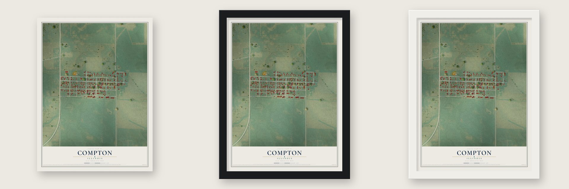 Compton, Illinois map unframed, in a black wood frame and in a white wood frame