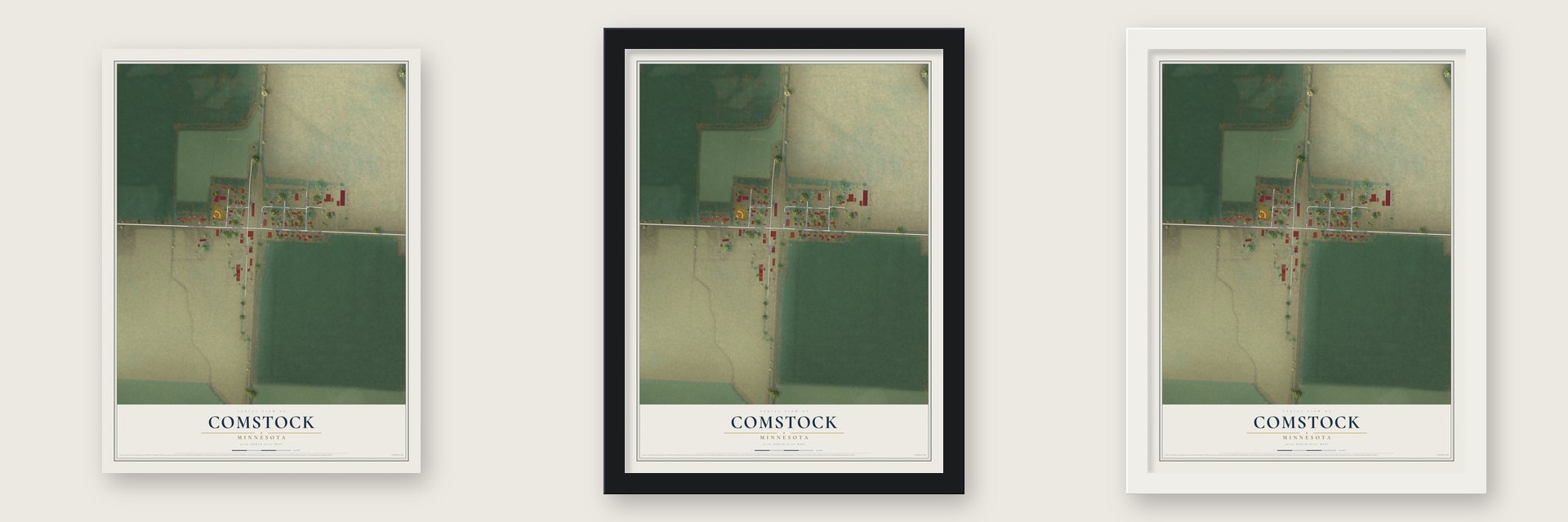 Comstock, Minnesota map unframed, in a black wood frame and in a white wood frame