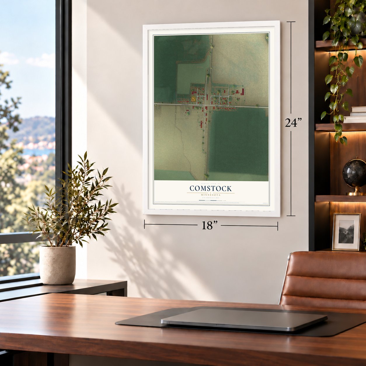 Comstock, Minnesota map, 18 x 24 inch print in a white frame in a home office