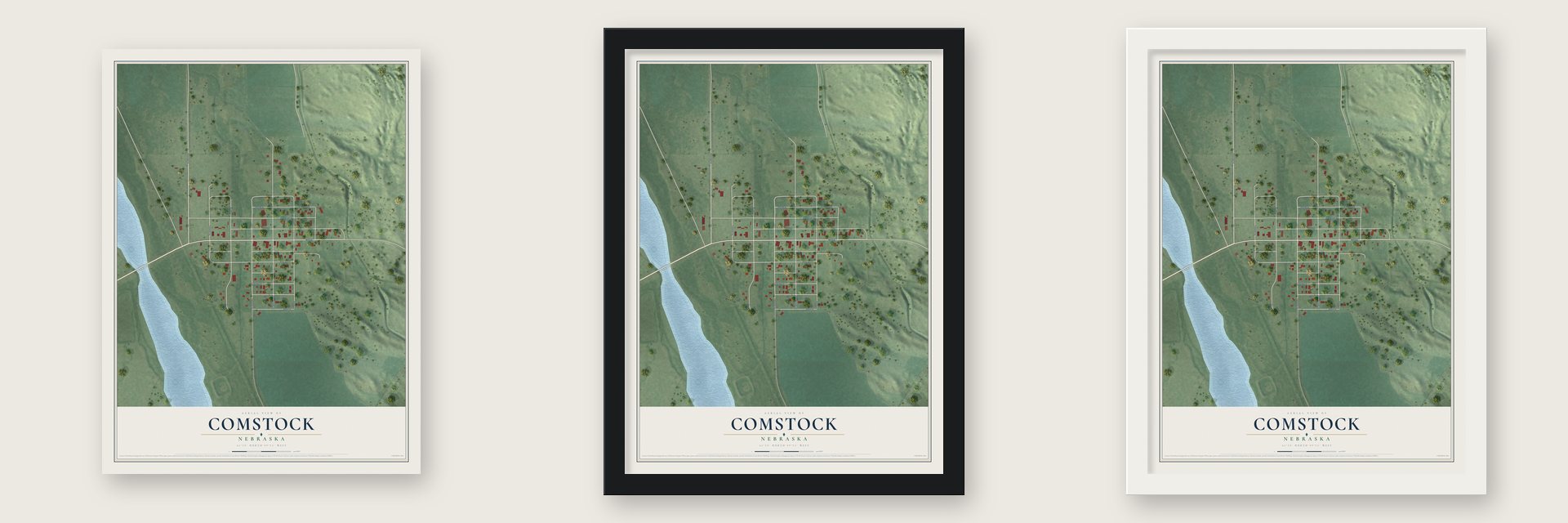 Comstock, Nebraska map unframed, in a black wood frame and in a white wood frame