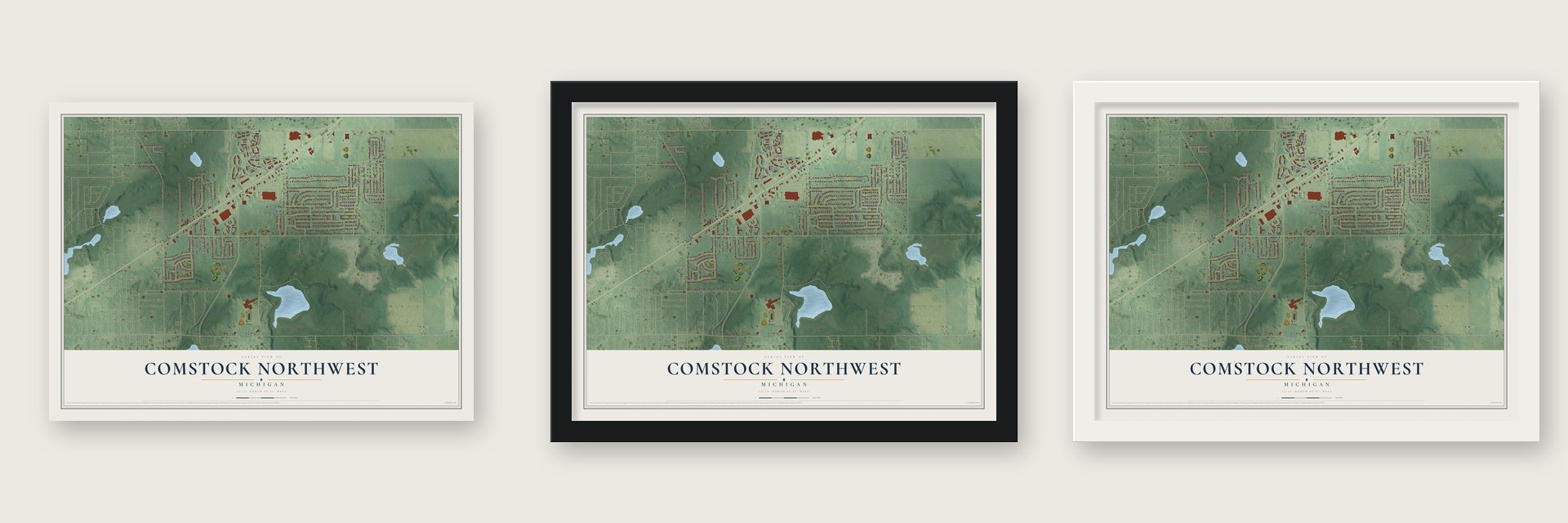 Comstock Northwest, Michigan map unframed, in a black wood frame and in a white wood frame