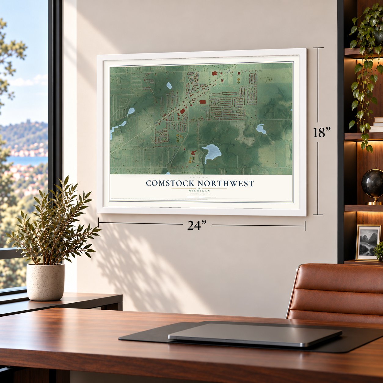 Comstock Northwest, Michigan map, 18 x 24 inch print in a white frame in a home office