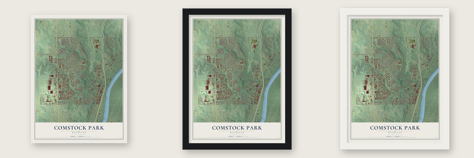 Comstock Park, Michigan map unframed, in a black wood frame and in a white wood frame