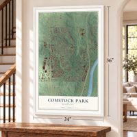 Comstock Park, Michigan map, 24 x 36 inch print in a white frame by a staircase