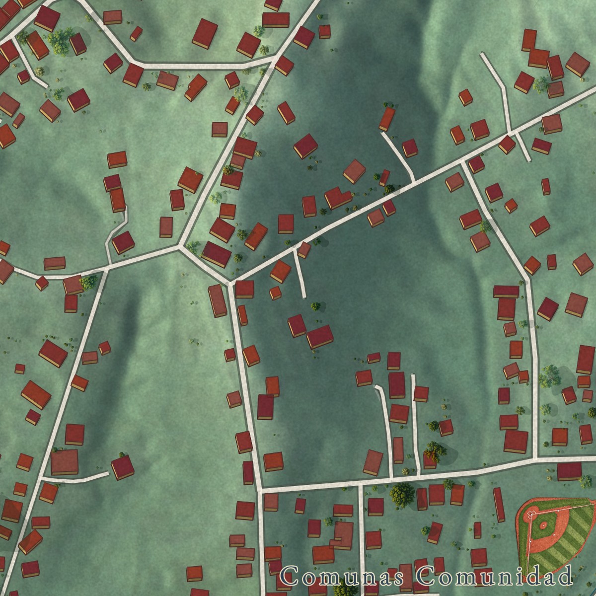 Second close-up of the map of Comunas, Puerto Rico print showing more streets and buildings