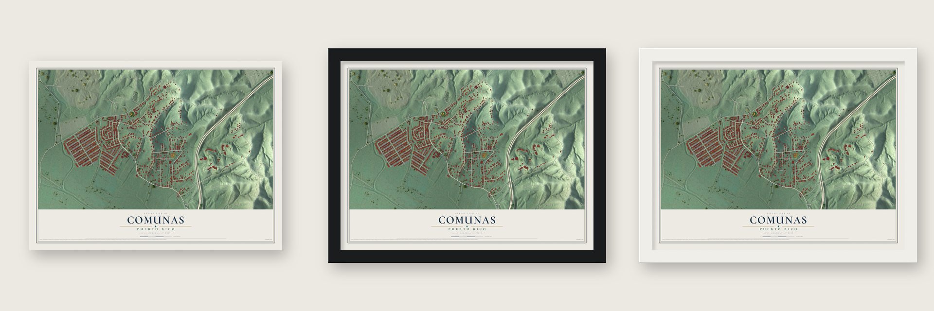 Comunas, Puerto Rico map unframed, in a black wood frame and in a white wood frame