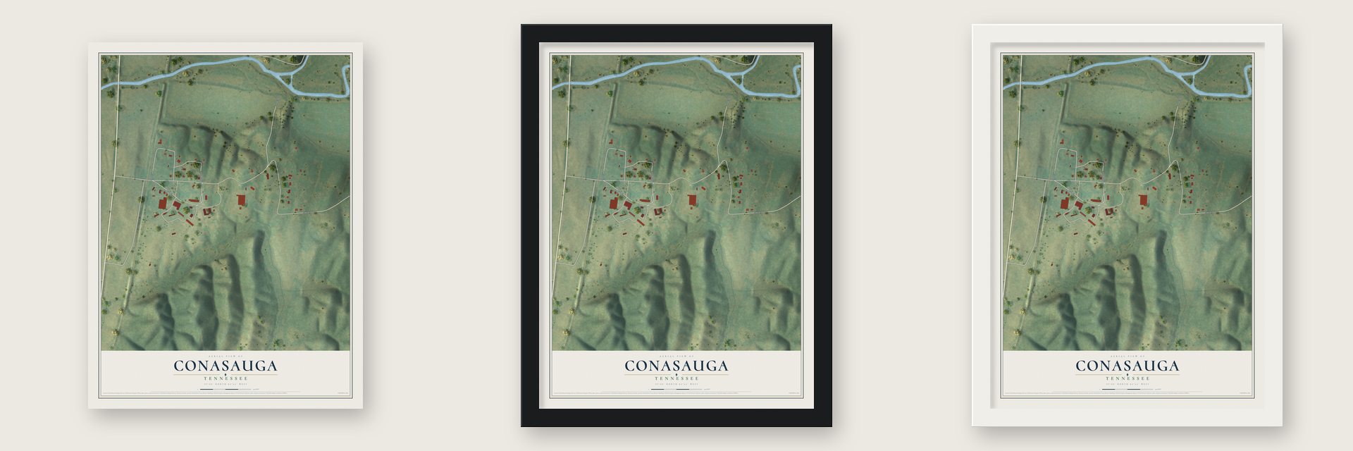 Conasauga, Tennessee map unframed, in a black wood frame and in a white wood frame