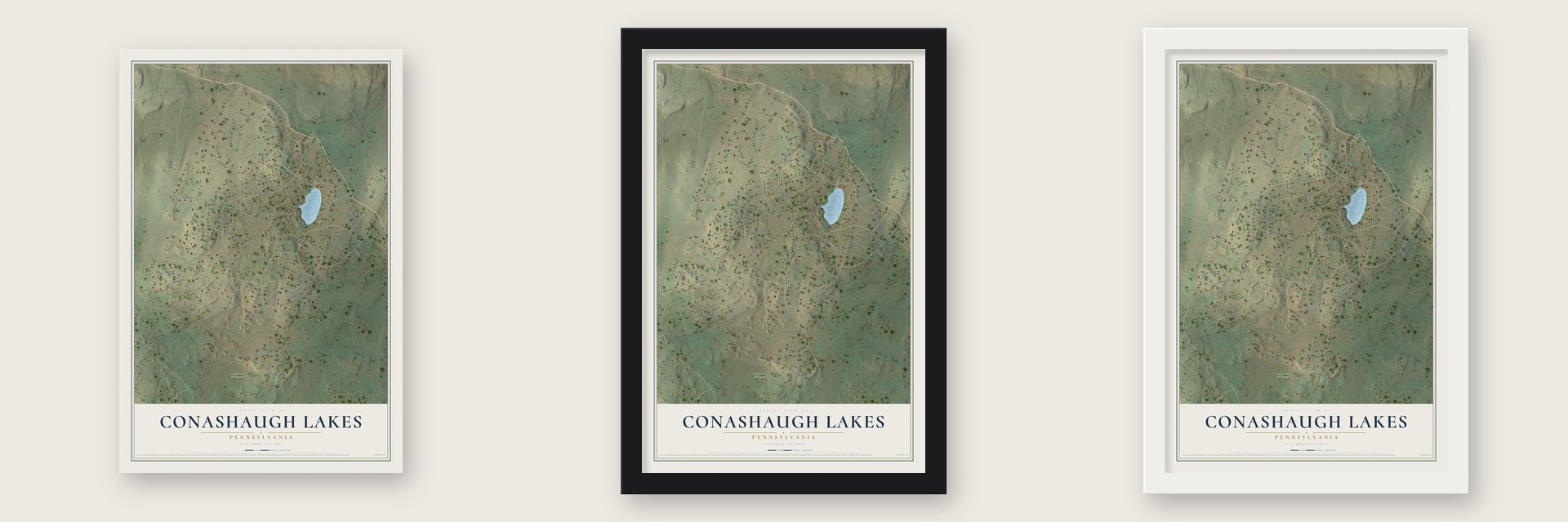 Conashaugh Lakes, Pennsylvania map unframed, in a black wood frame and in a white wood frame