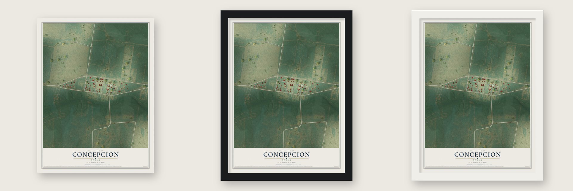 Concepcion, Texas map unframed, in a black wood frame and in a white wood frame