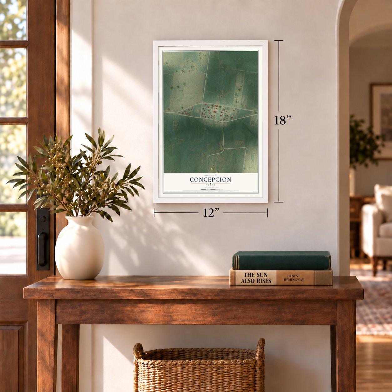 Concepcion, Texas map, 12 x 18 inch print in a white frame in an entryway