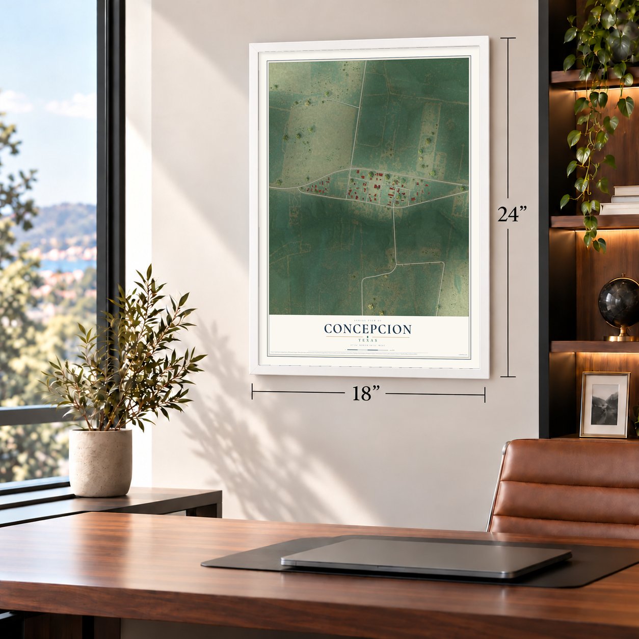 Concepcion, Texas map, 18 x 24 inch print in a white frame in a home office