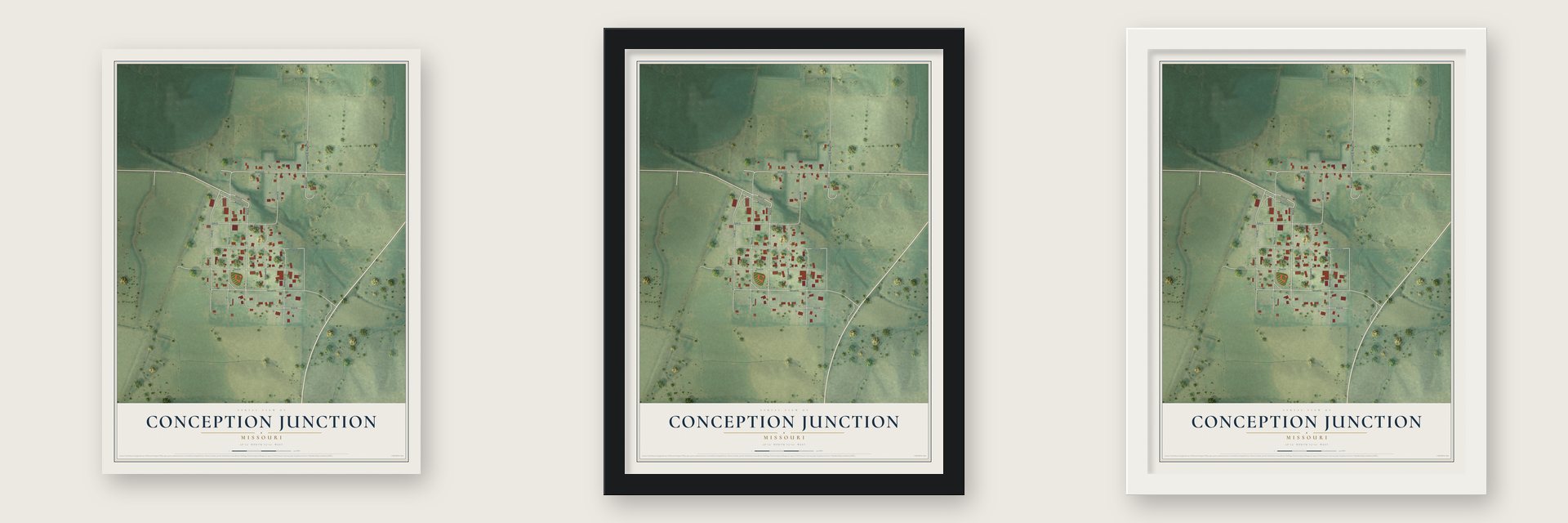 Conception Junction, Missouri map unframed, in a black wood frame and in a white wood frame