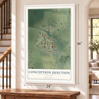 Conception Junction, Missouri map, 24 x 36 inch print in a white frame by a staircase