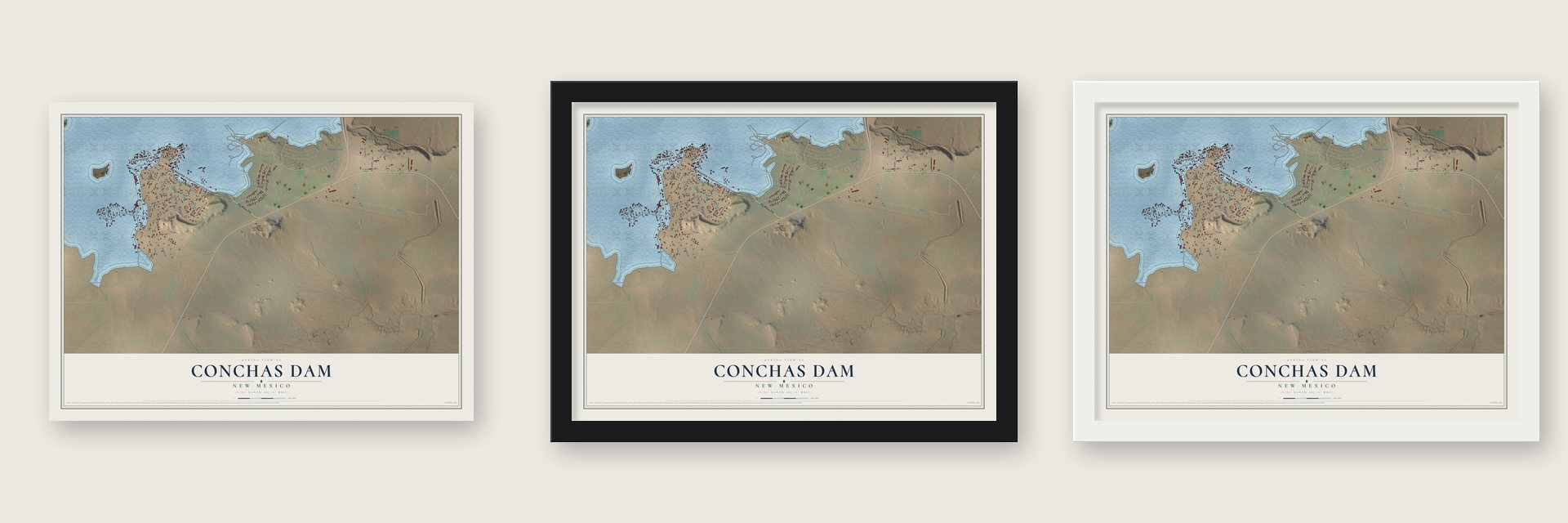 Conchas Dam, New Mexico map unframed, in a black wood frame and in a white wood frame