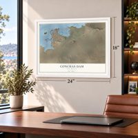 Conchas Dam, New Mexico map, 18 x 24 inch print in a white frame in a home office