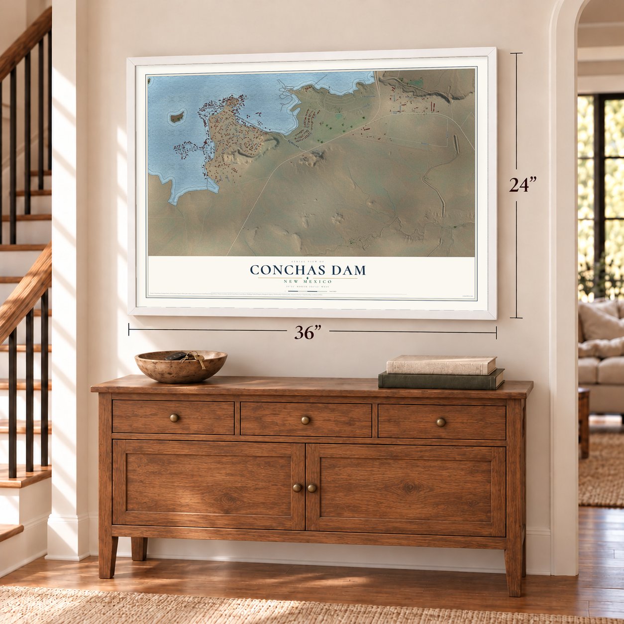 Conchas Dam, New Mexico map, 24 x 36 inch print in a white frame above a dresser by a staircase