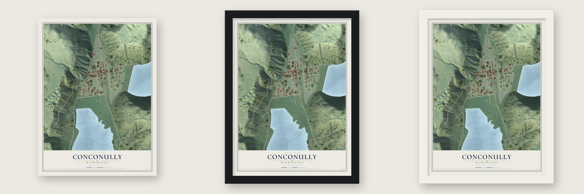 Conconully, Washington map unframed, in a black wood frame and in a white wood frame