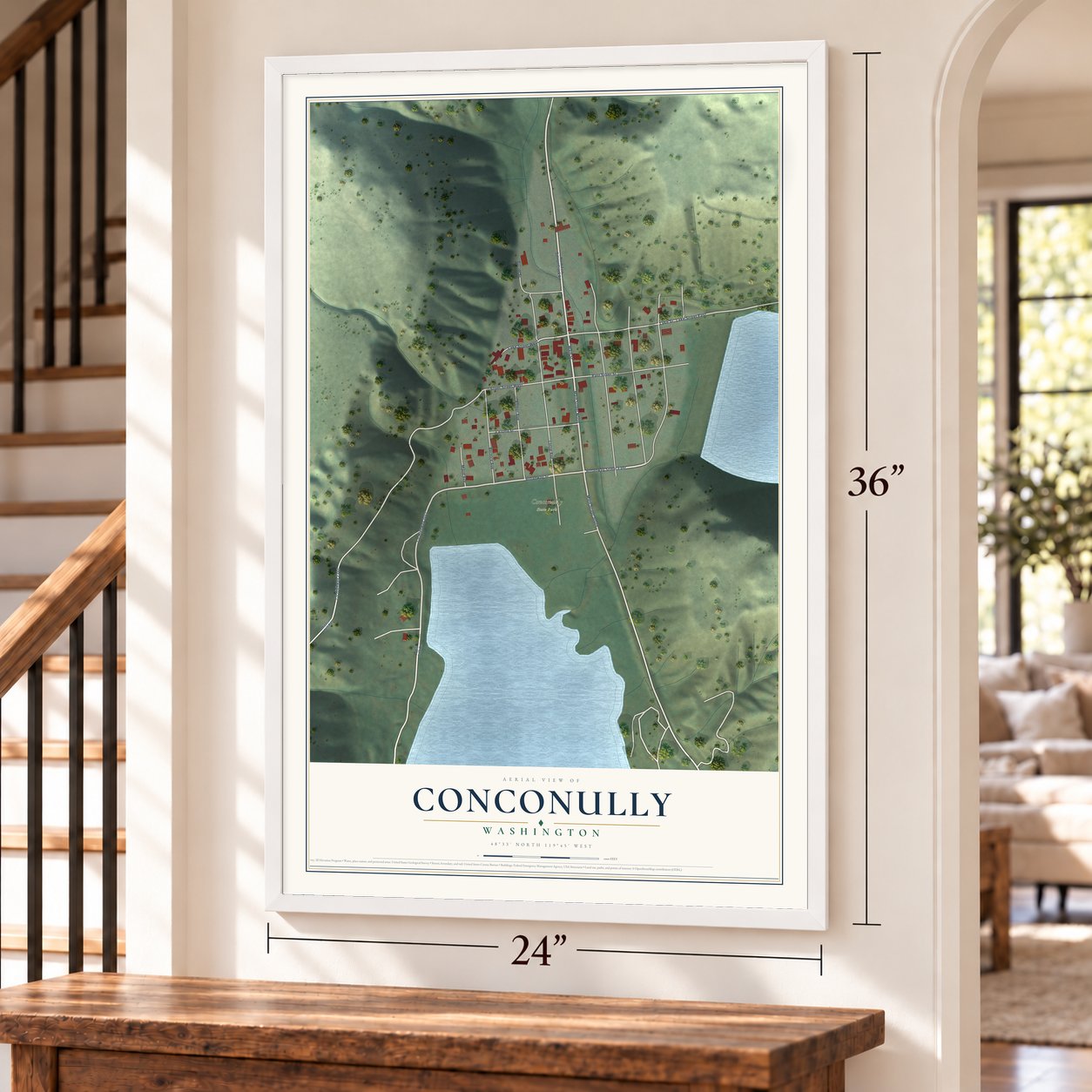 Conconully, Washington map, 24 x 36 inch print in a white frame by a staircase