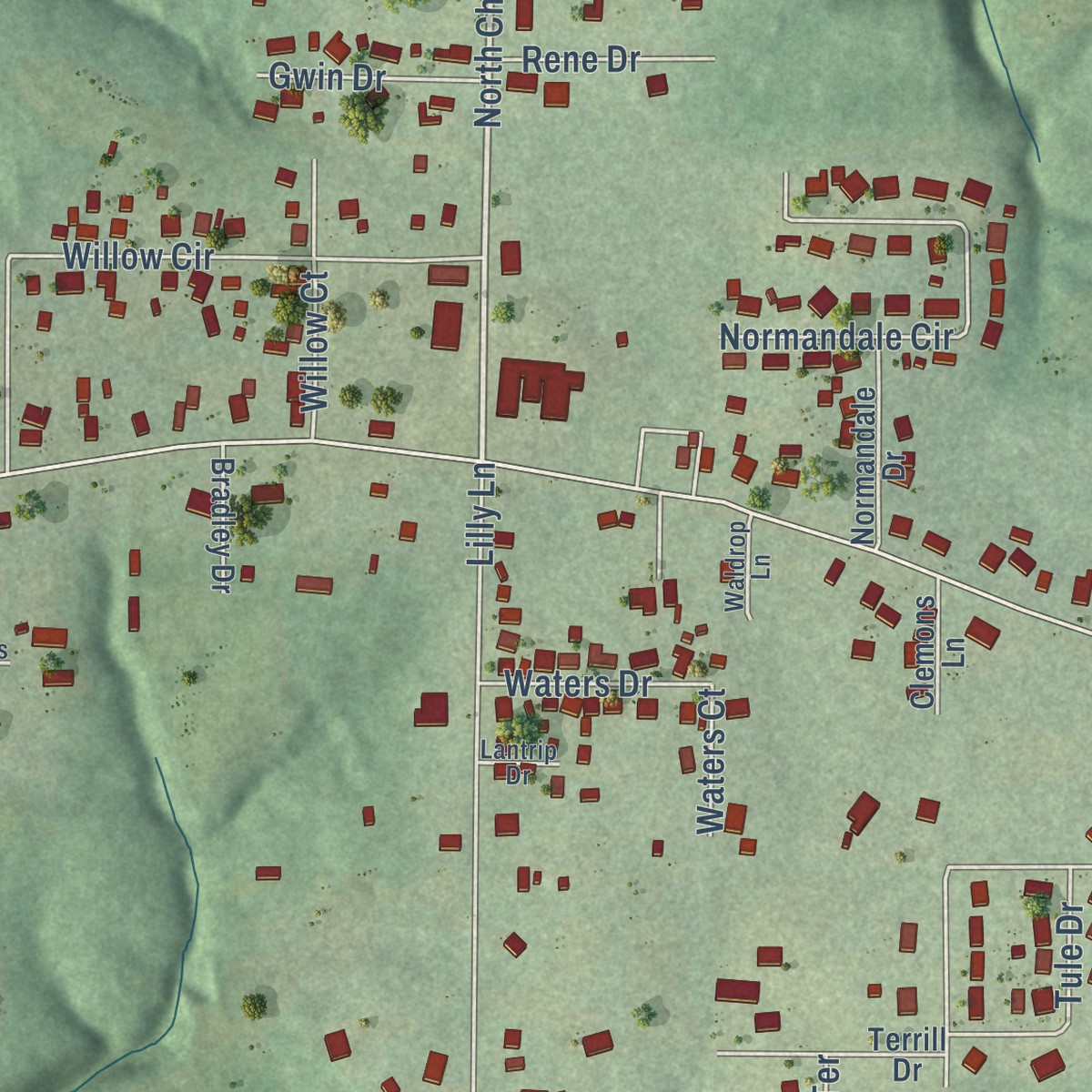 Second close-up of the map of Concord, Alabama print showing more streets and buildings