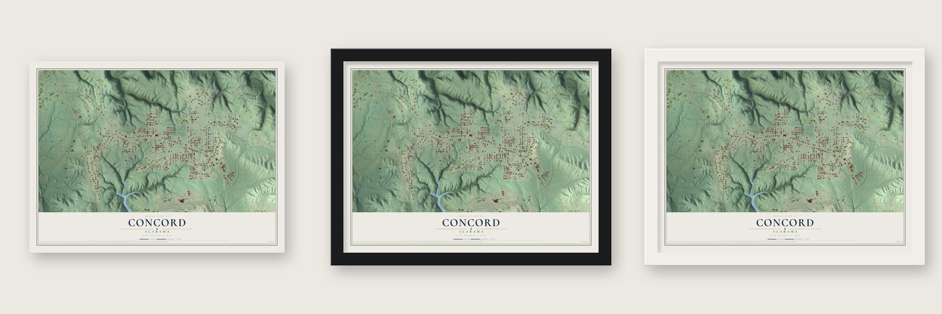 Concord, Alabama map unframed, in a black wood frame and in a white wood frame